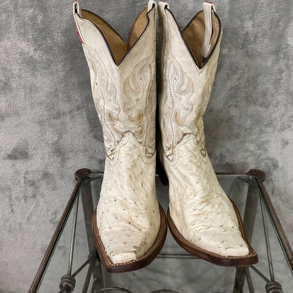 Luro LB Cowboy Boots Pointed J Toe Exotic Ostrich Leather men’s 8.5 White - Picture 3 of 7